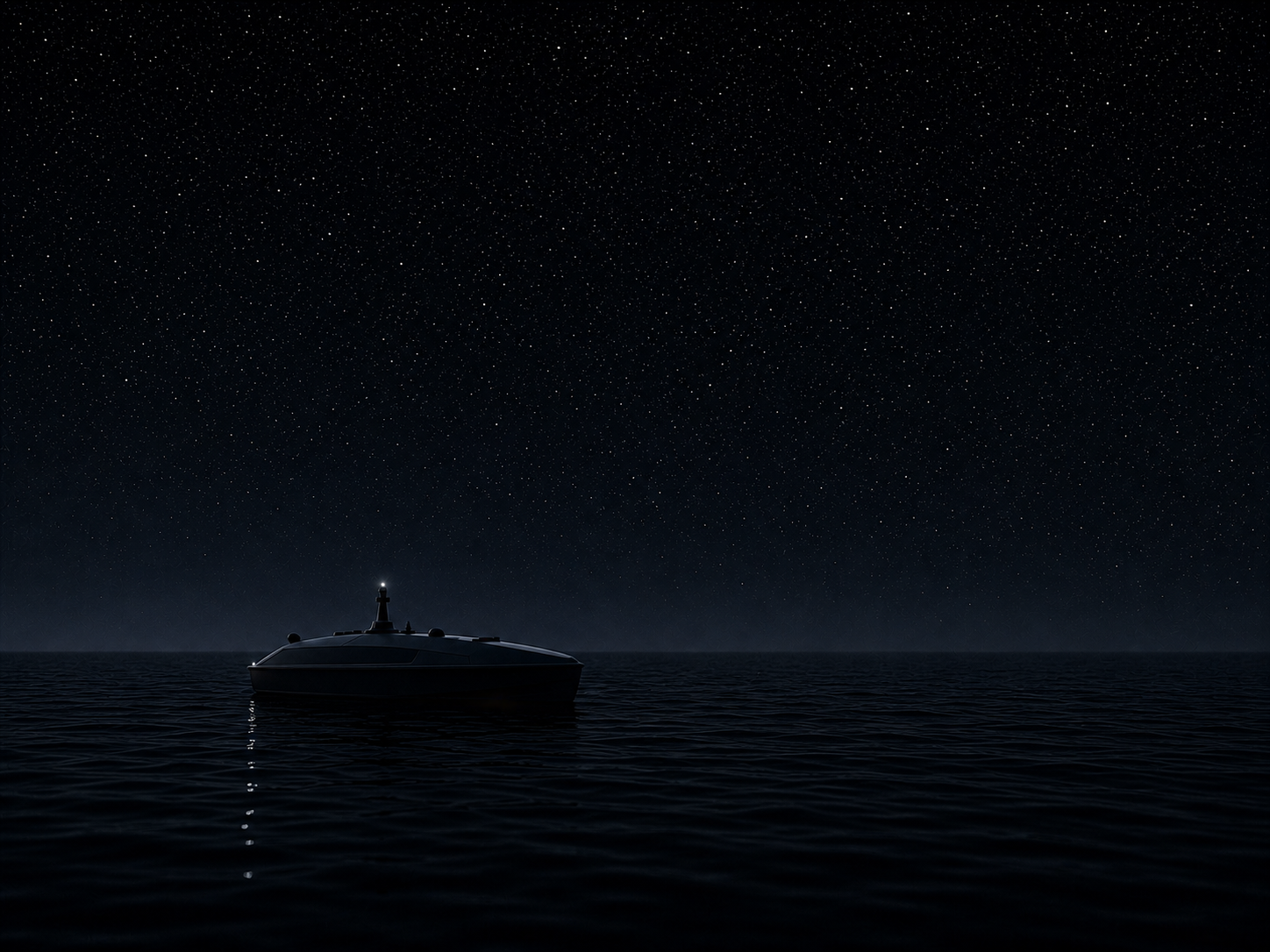 Autonomous USV with a single neutral mast light on a dark, starry ocean — Ymarium Aeon