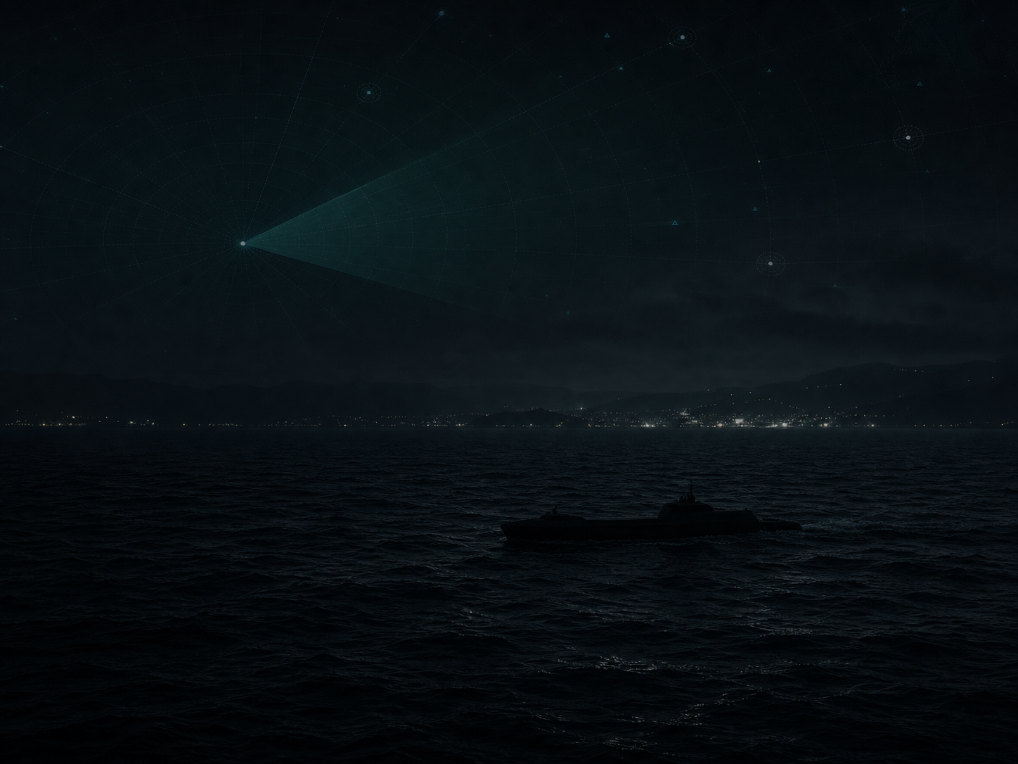 Subtle night maritime security scene with distant coastline and radar sweeps — Ymarium Secure
